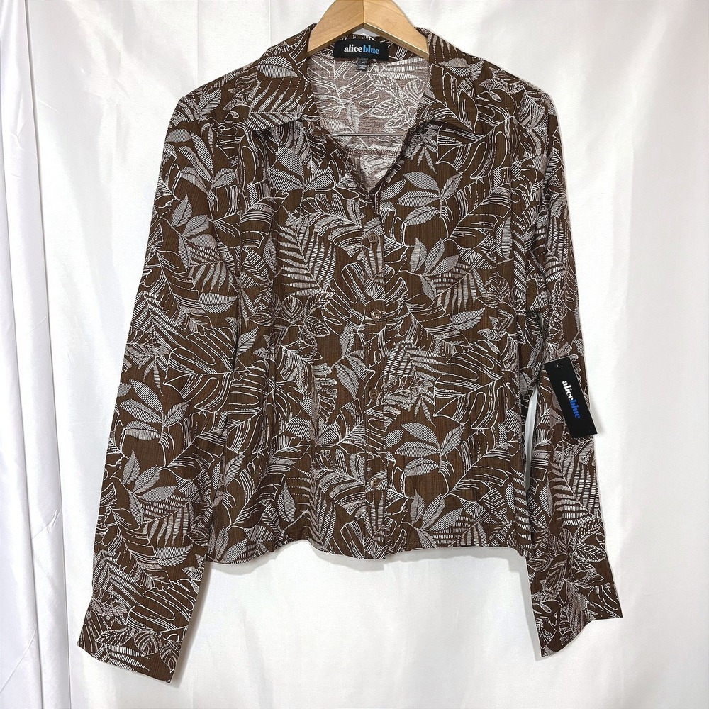 NWT Alice Blue Womens Brown White Tropical Leaf Print Button Down Shirt Large